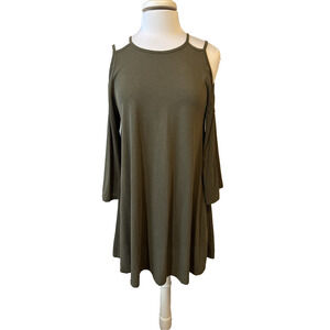 BP Womens M Fairy Modal Flare Sleeve Cold Shoulder Dress Cut Out Boho Army Green
